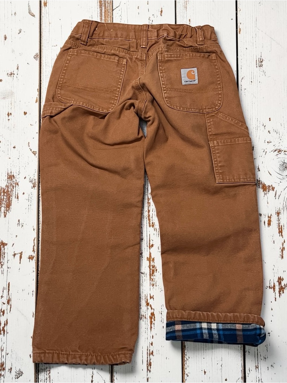 Carhartts Flannel Lined Canvas Pants Boys 8 Carpenter Brown Adjustable Waist
